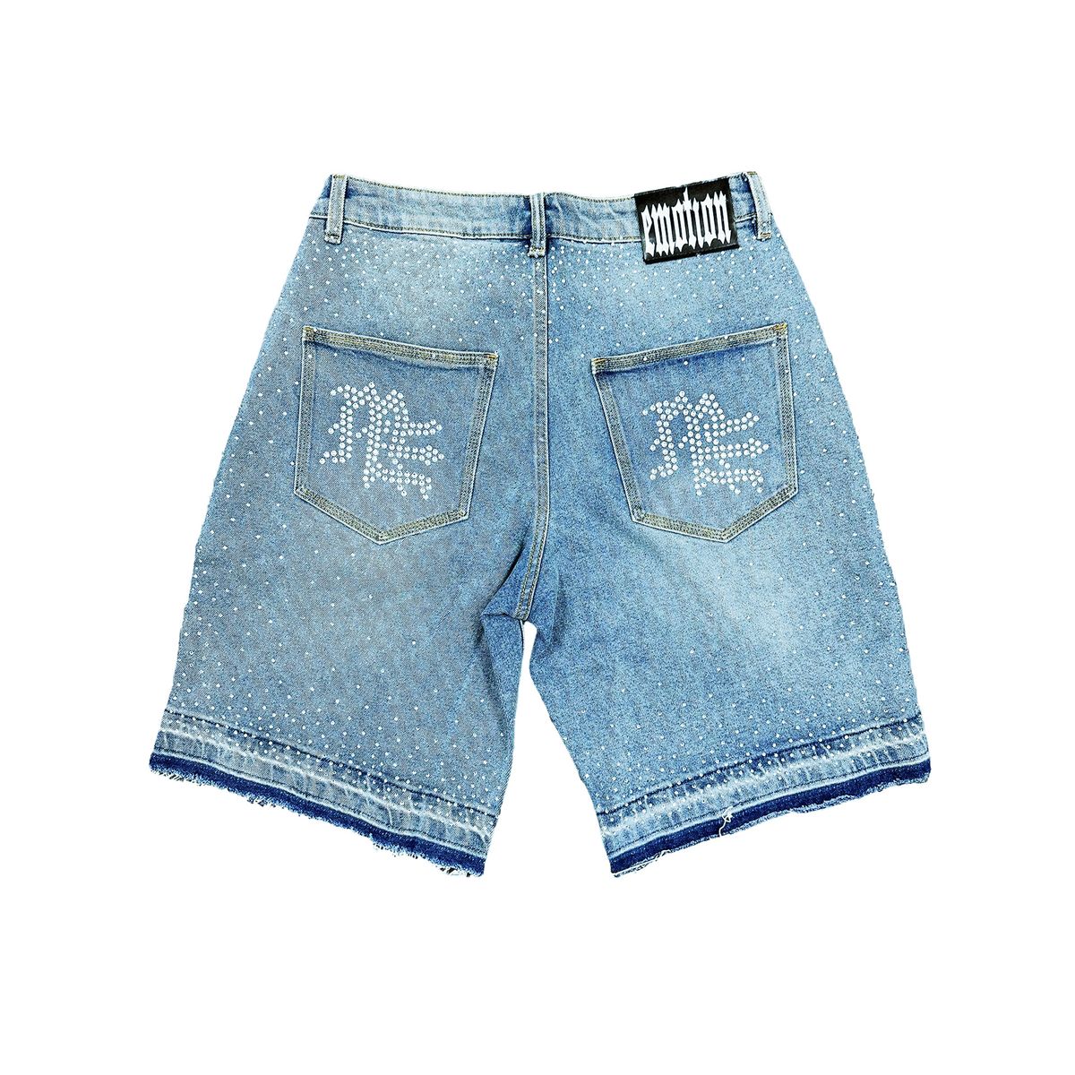 Mixed Emotion Blue ME Rhinestone Denim Shorts