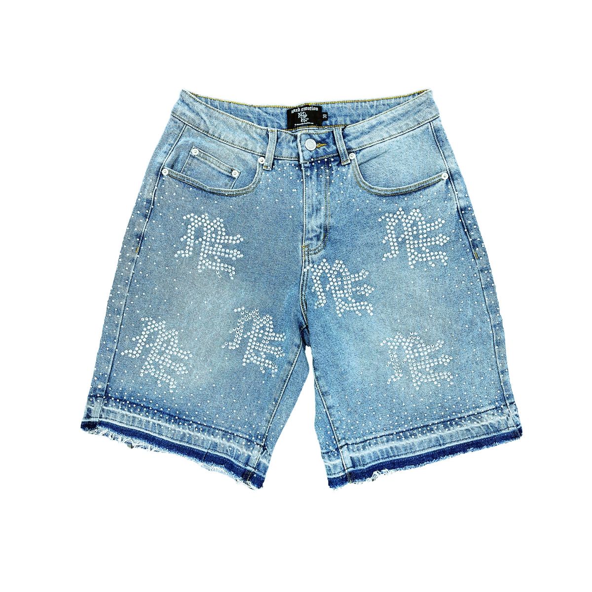 Mixed Emotion Blue ME Rhinestone Denim Shorts