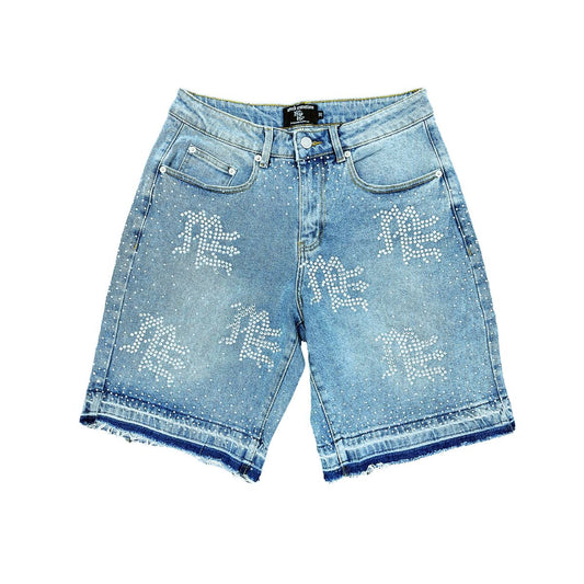 Mixed Emotion Blue ME Rhinestone Denim Shorts