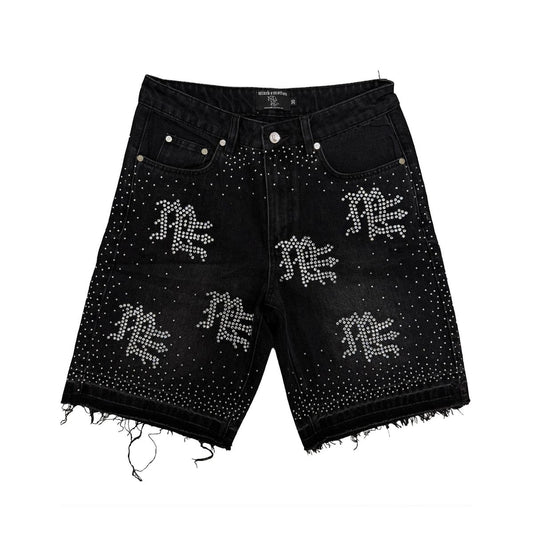 Mixed Emotion Black ME Rhinestone Denim Shorts