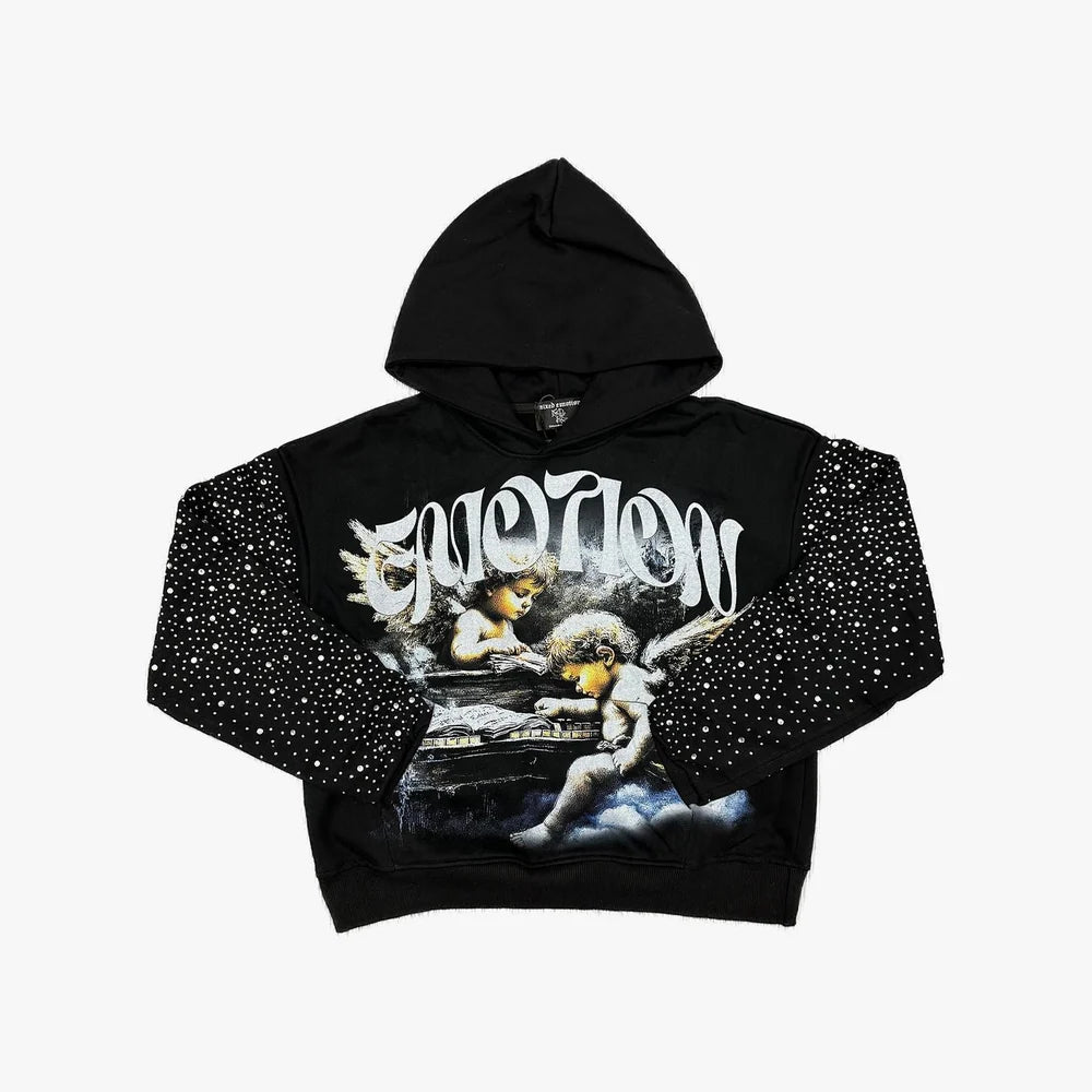 Mixed Emotion Fallen Angels Rhinestone Hoodie Black