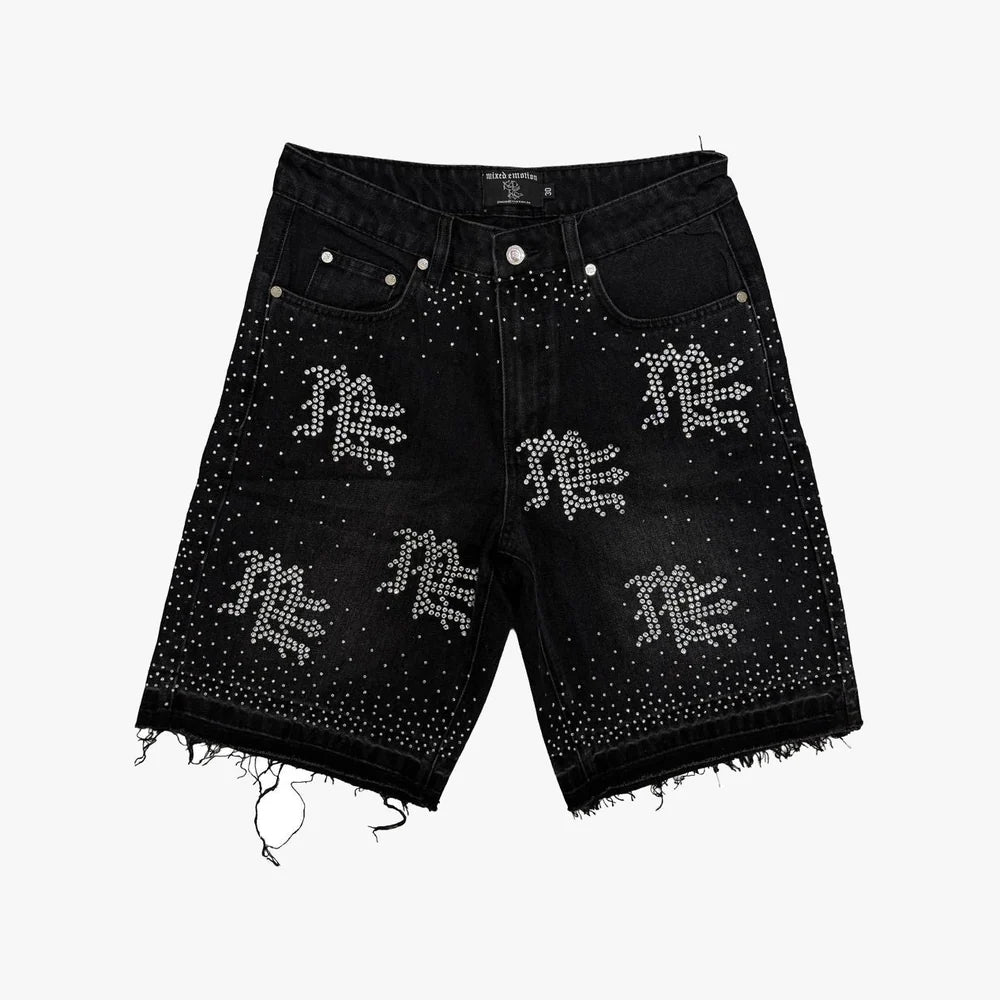 Mixed Emotion Black ME Rhinestone Denim Shorts