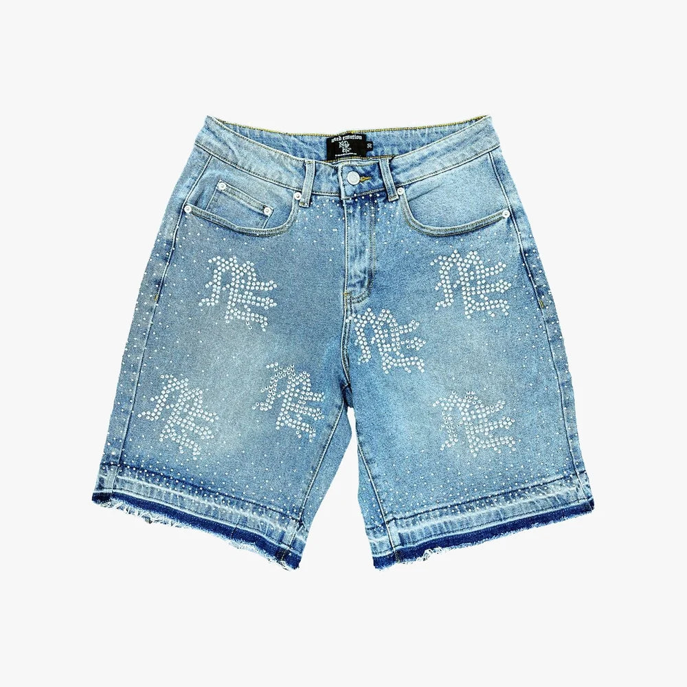 Mixed Emotion Blue ME Rhinestone Denim Shorts